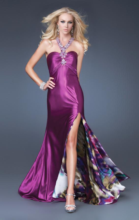 Picture of: Satin A-line Dress with Beaded Halter Straps and Train in Purple, Style: 16110, Main Picture