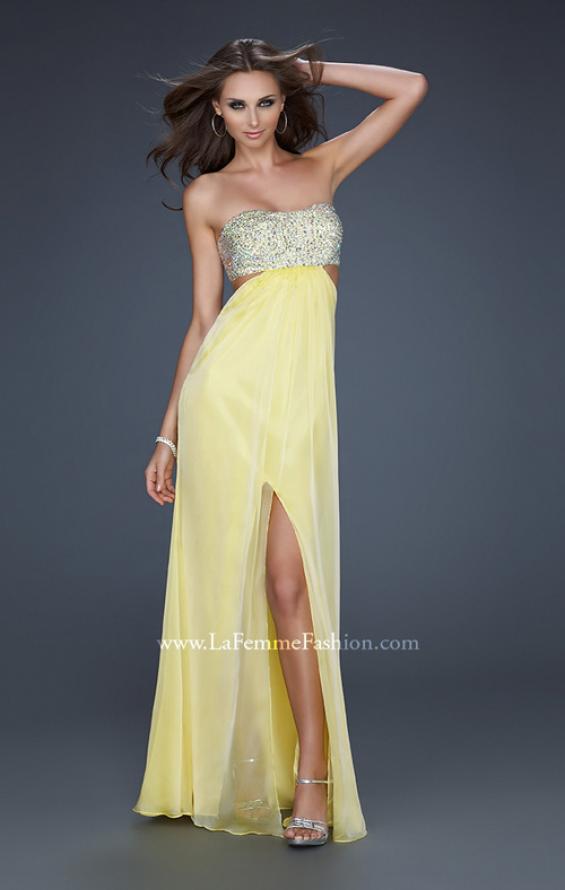 Picture of: Strapless Chiffon Gown with Beaded Bodice in Yellow, Style: 16291, Detail Picture 7
