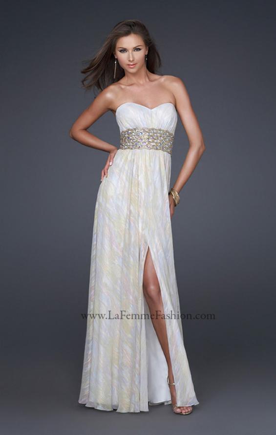 Picture of: Strapless Chiffon Gown with Beaded Waist and Front Slit in White, Style: 16372, Main Picture