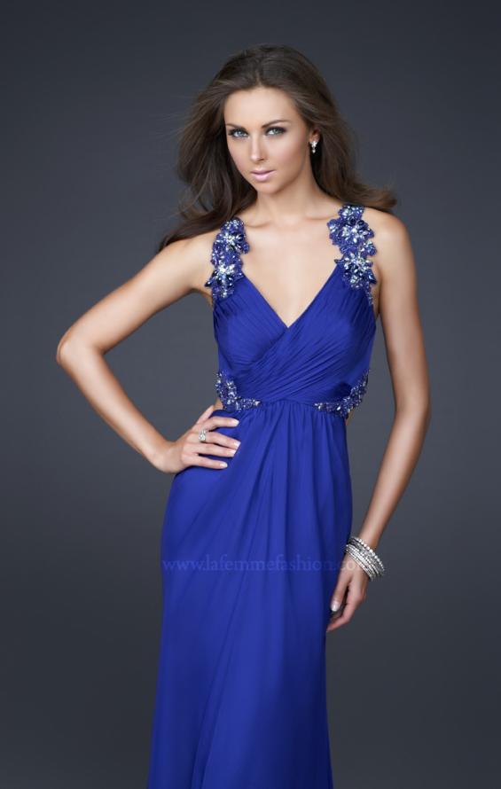 Picture of: Silk V Neck Prom Dress with Pleats and Floral Beading in Blue, Style: 16507, Main Picture