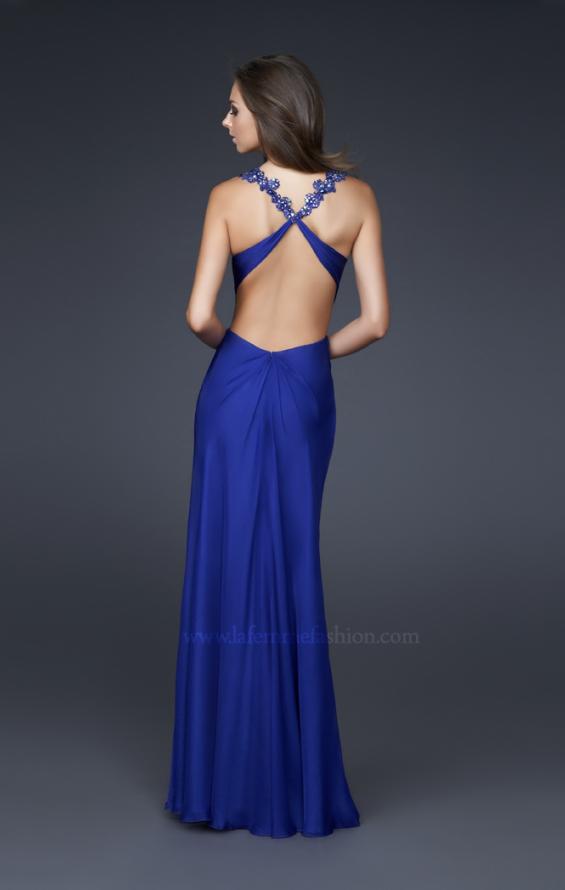 Picture of: Silk V Neck Prom Dress with Pleats and Floral Beading in Blue, Style: 16507, Back Picture