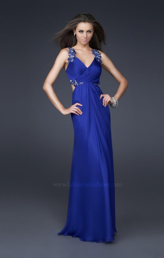 Picture of: Silk V Neck Prom Dress with Pleats and Floral Beading in Blue, Style: 16507, Detail Picture 1