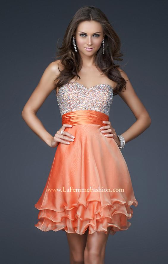 Picture of: Short Chiffon Prom Dress with Jewel Embellished Top in Orange, Style: 16541, Main Picture