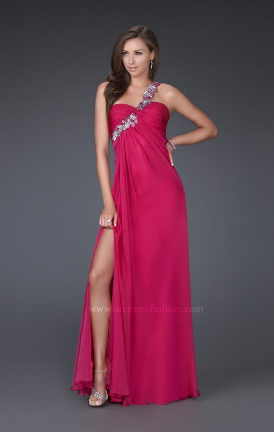 Picture of: Long Prom Gown with Floral Strap and Front Slit in Hot Pink, Style: 16582, Main Picture