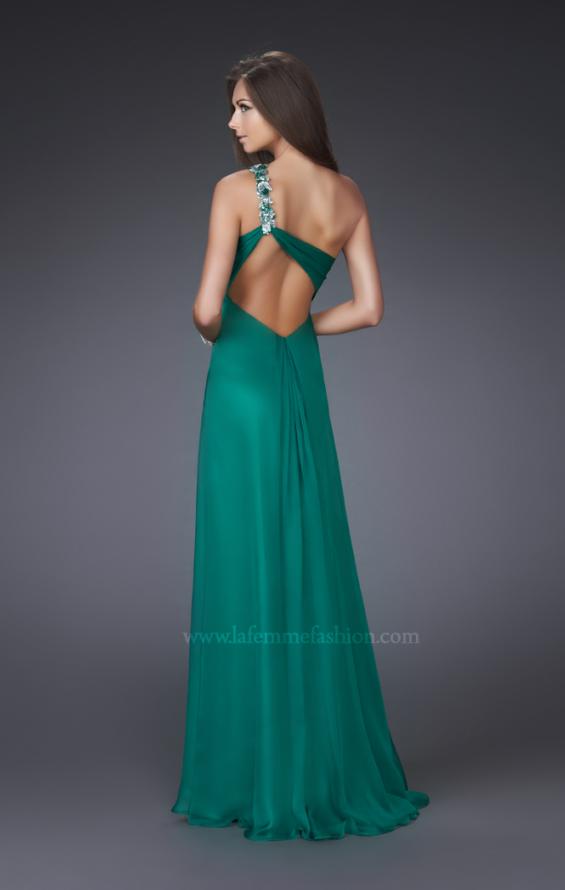 Picture of: Long Prom Gown with Floral Strap and Front Slit in Green, Style: 16582, Back Picture