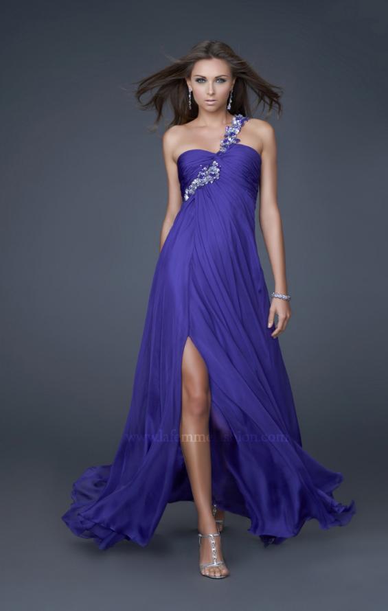 Picture of: Long Prom Gown with Floral Strap and Front Slit in Blue, Style: 16582, Detail Picture 1