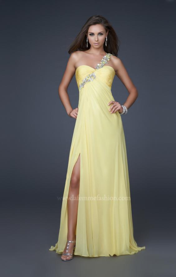 Picture of: Long Prom Gown with Floral Strap and Front Slit in Yellow, Style: 16582, Detail Picture 2