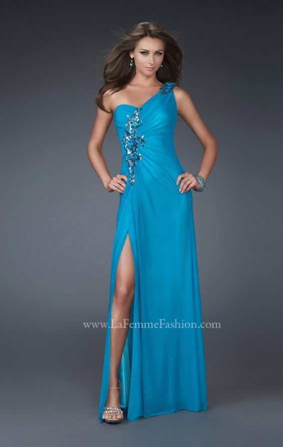 Picture of: One Shoulder Net Prom Gown with Intricate Design in Aqua, Style: 16687, Main Picture