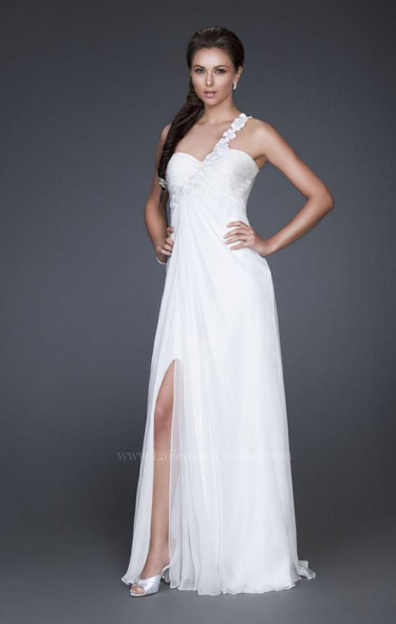 Picture of: Ruched Bust Prom Dress with Beaded Floral Strap in White, Style: 16760, Main Picture