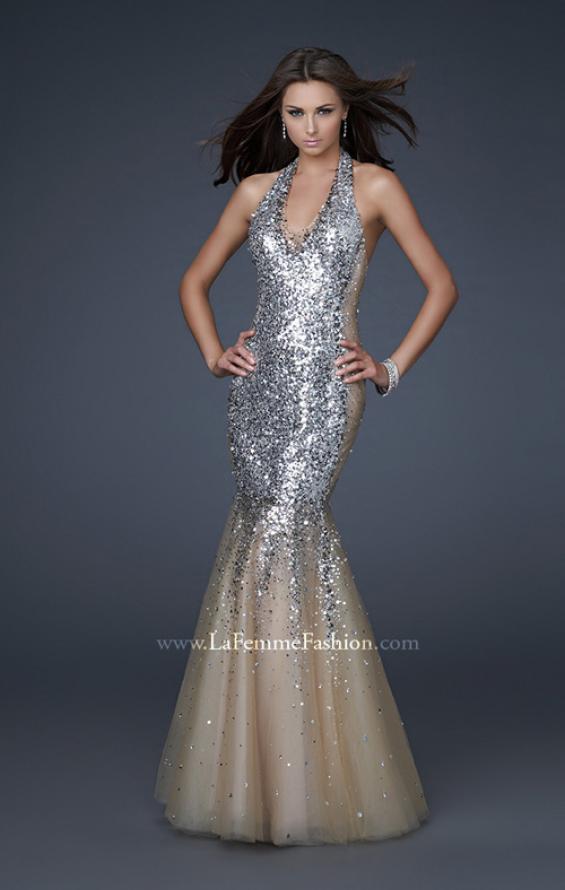 Picture of: Sequined Halter Mermaid Prom Dress with Tulle in SIlver, Style: 16804, Main Picture