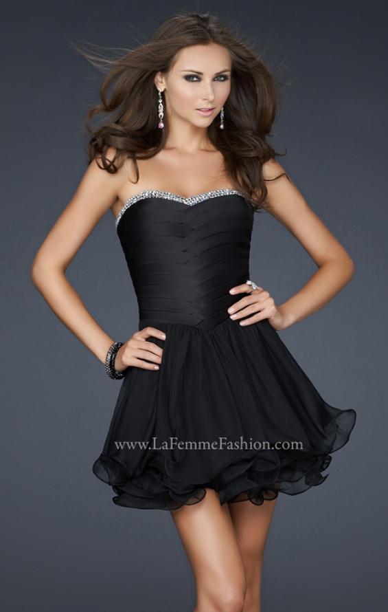 Picture of: Short Satin and Chiffon Dress with Rhinestone Top in Black, Style: 17054, Detail Picture 1