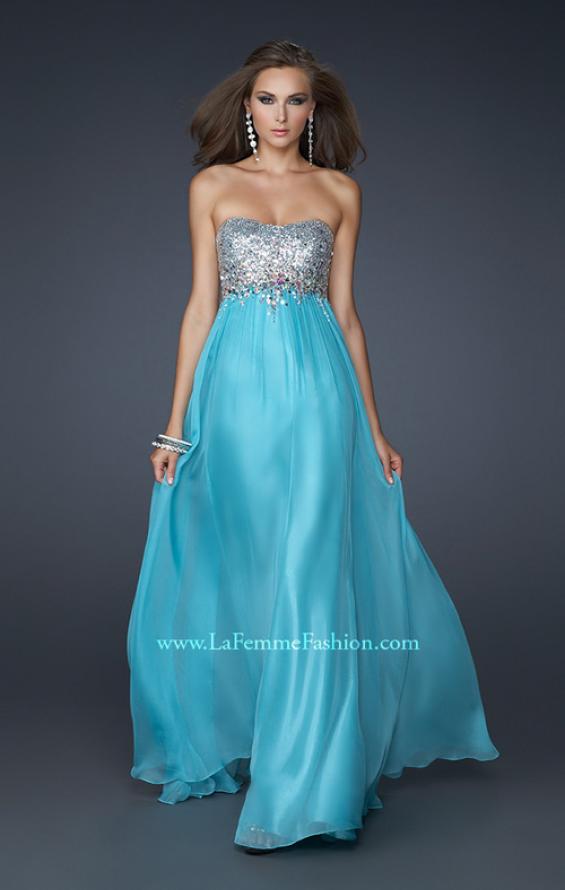 Picture of: Long Strapless Chiffon Prom Dress with Full Gathered Skirt in Aqua, Style: 17058, Main Picture