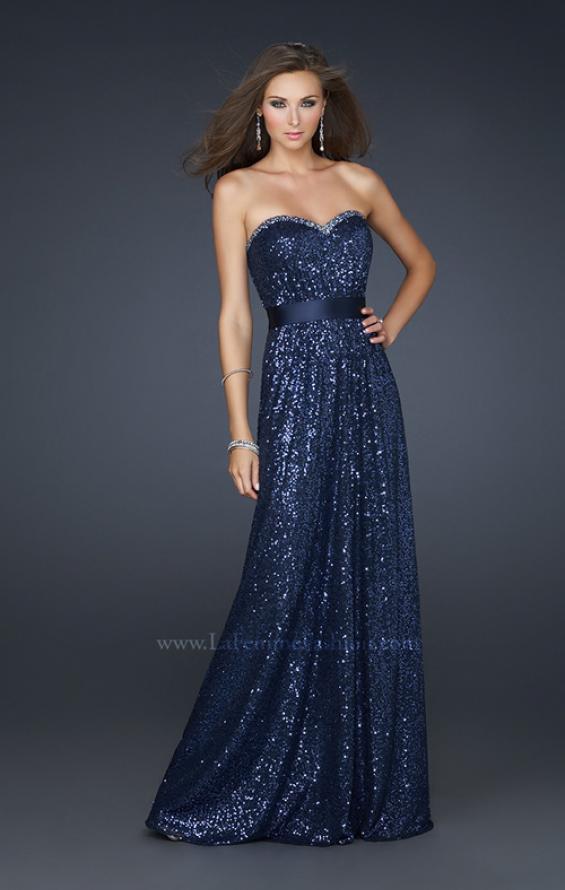 Picture of: Long Sequin Prom Dress with Satin Belt and Rhinestones in Navy, Style: 17059, Main Picture