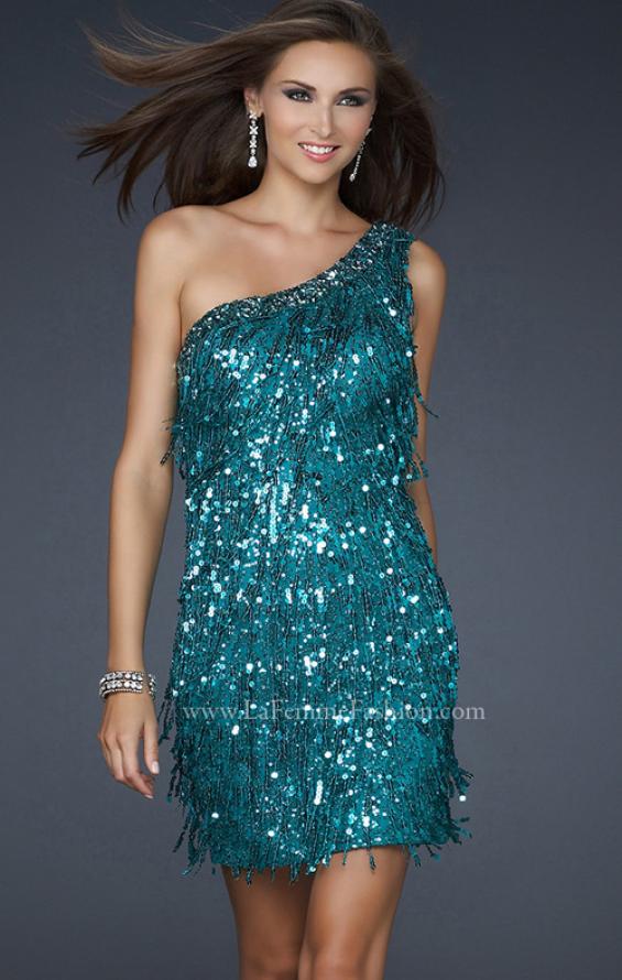 Picture of: Sexy Cocktail Dress with One Strap Cut and Sequins in Teal, Style: 17093, Detail Picture 1