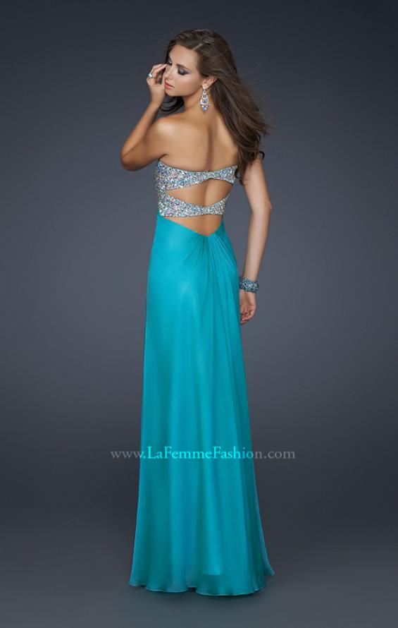 Picture of: Long Chiffon Dress with Beaded Bust and Low Back in Teal, Style: 17118, Back Picture