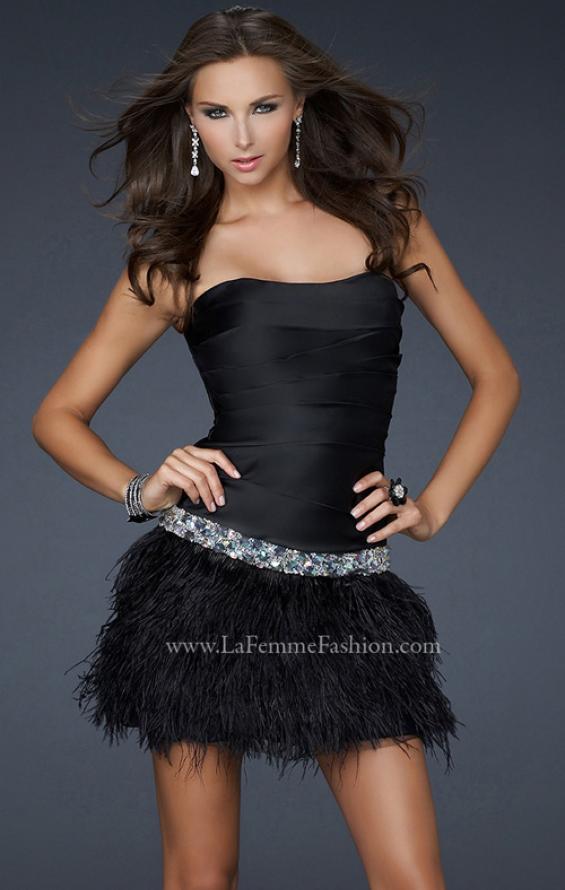 Picture of: Strapless Short Dress with Satin Top and Feather Skirt in Black, Style: 17152, Detail Picture 1