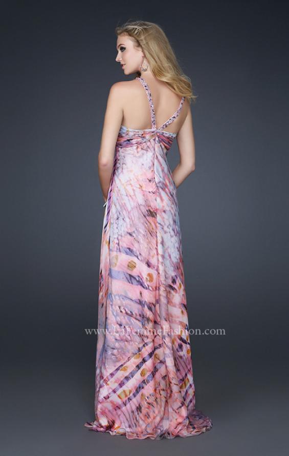 Picture of: Printed Prom Dress with Pleated Back and V Straps in Multi, Style: 17241, Back Picture
