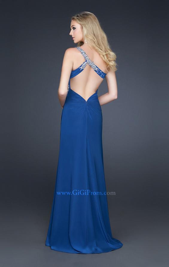 Picture of: Form Fitting Long Jersey Gown with Front Slit and Beads in Blue, Style: 17366, Back Picture