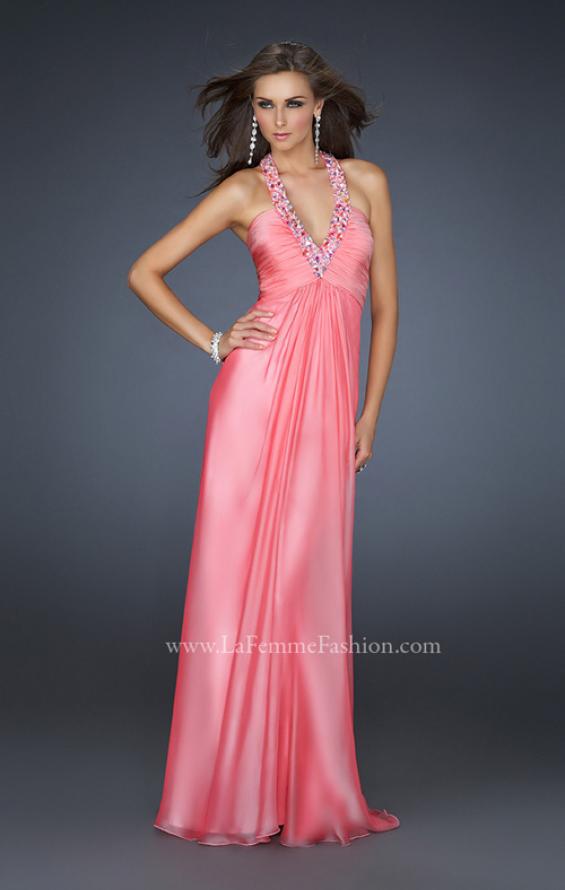 Picture of: Full Length Halter Top Gown with Pleated Bust and Beads in Orange, Style: 17448, Detail Picture 3