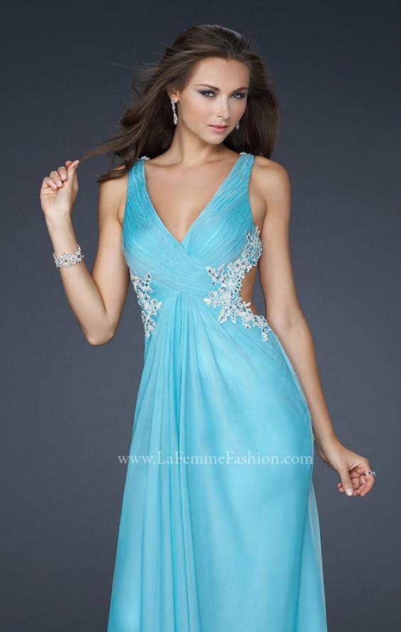 Picture of: Chiffon V Neck Prom Dress with Lace and Beaded Detail in Blue, Style: 17520, Main Picture