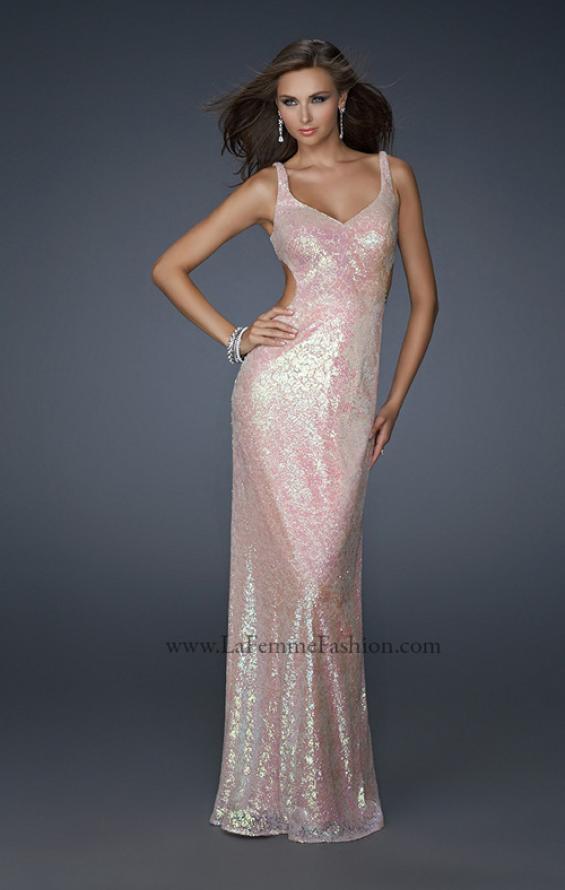 Picture of: V Neck Gown with Sequined Patterned Dress and Cut Outs in Pink, Style: 17528, Detail Picture 1