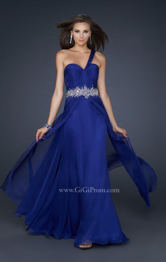 Picture of: Full Length Chiffon Gown with Embellished Waist Band in Blue, Style: 17613, Main Picture