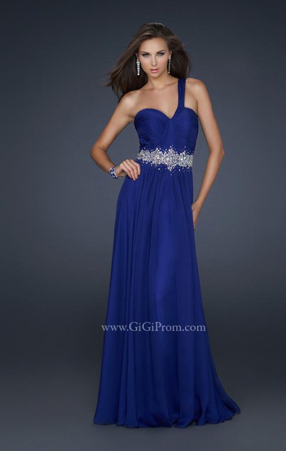Picture of: Full Length Chiffon Gown with Embellished Waist Band in Blue, Style: 17613, Detail Picture 1