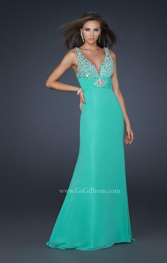 Picture of: Form Fitting Chiffon V Neck Dress with Beaded Bust in Green, Style: 17665, Main Picture