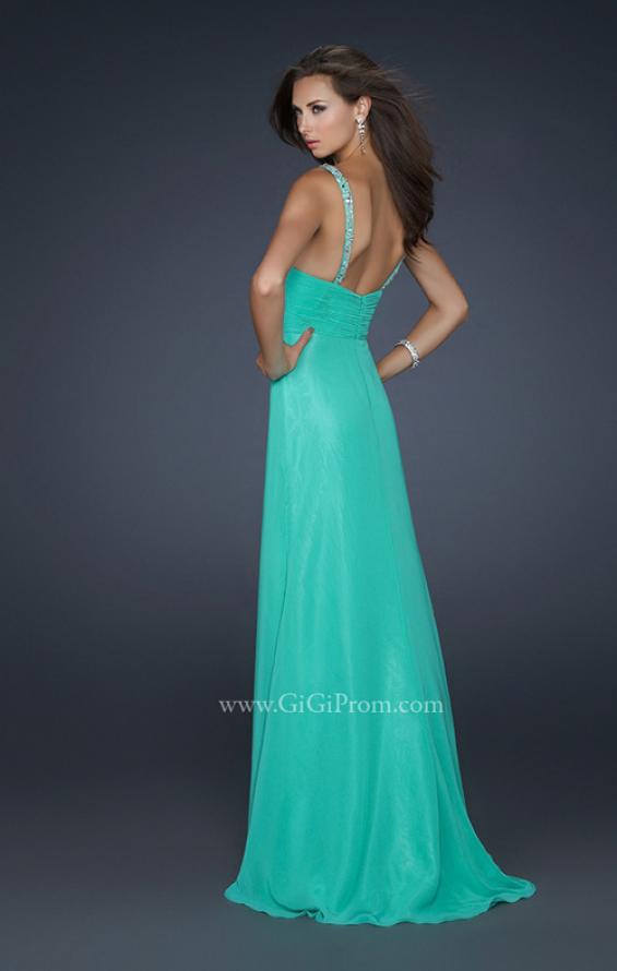 Picture of: Form Fitting Chiffon V Neck Dress with Beaded Bust in Green, Style: 17665, Back Picture