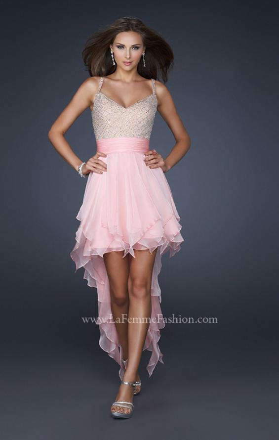 Picture of: V Neck Spaghetti Strap Gown with High Low Hem in Pink, Style: 17732, Main Picture