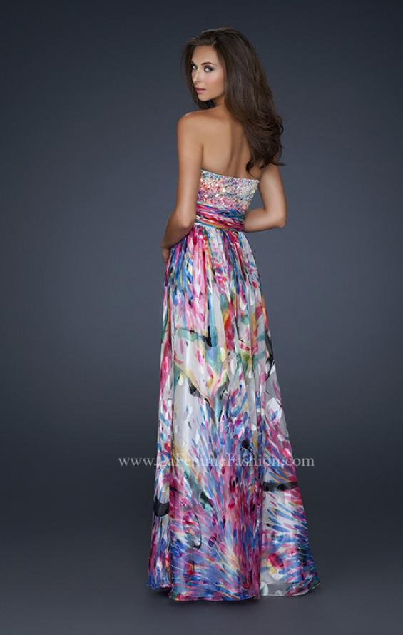 Picture of: Full Length Strapless Silk Burnout Prom Dress in Print, Style: 17735, Back Picture