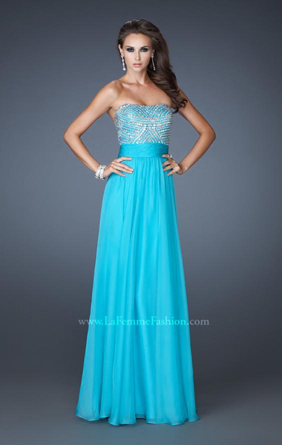 Picture of: Long Chiffon Dress with Beaded Bodice and Flowy Skirt in Blue, Style: 18121, Main Picture