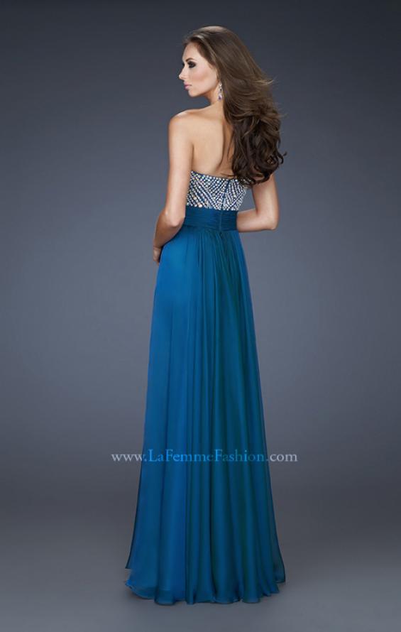 Picture of: Long Chiffon Dress with Beaded Bodice and Flowy Skirt in Blue, Style: 18121, Back Picture