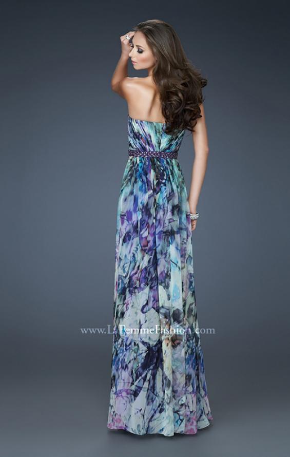 Picture of: Strapless Print Gown with Pleated Bodice and Rhinestones in Print, Style: 18259, Back Picture