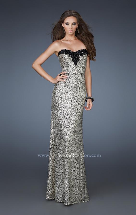 Picture of: Strapless Sequined Gown with Oversized Sequin Detail in Gold, Style: 18374, Main Picture