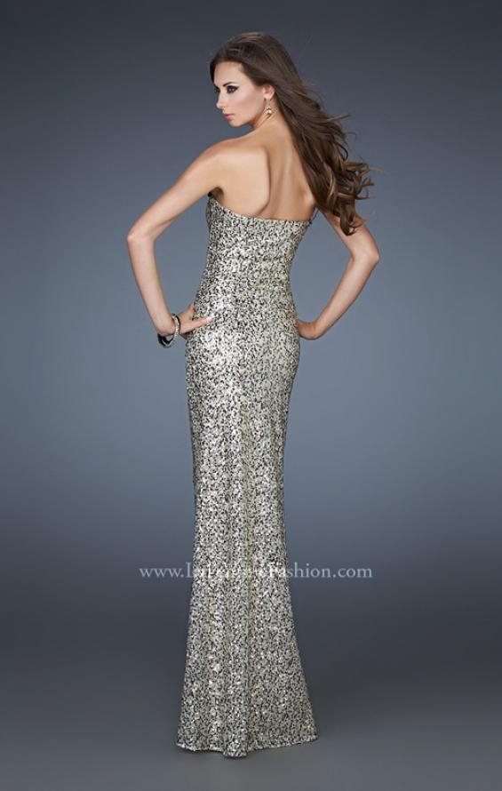 Picture of: Strapless Sequined Gown with Oversized Sequin Detail in Gold, Style: 18374, Back Picture