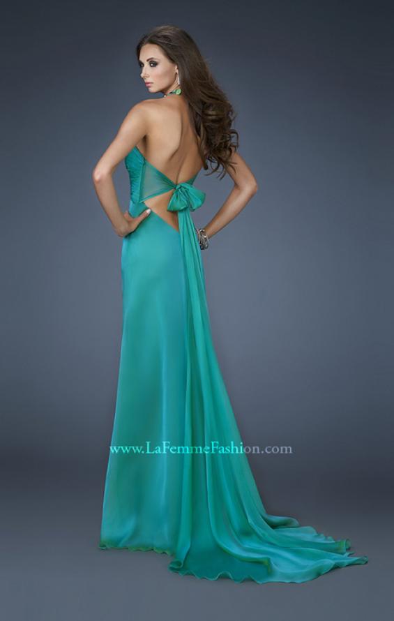 Picture of: Chiffon Halter Gown with Rhinestones and Open Back in Green, Style: 18490, Back Picture