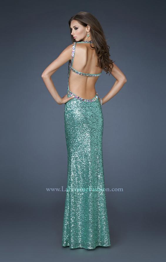 Picture of: Sequined Gown with Open Back and Rhinestone Detail in Green, Style: 18514, Back Picture