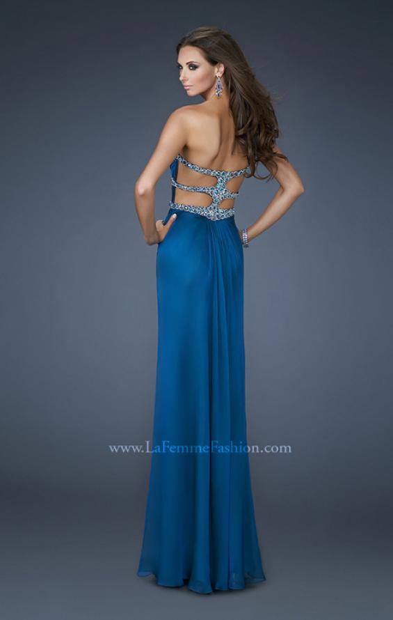 Picture of: Beaded Bodice Long Prom Dress with Cut Outs and Stones in Blue, Style: 18560, Back Picture