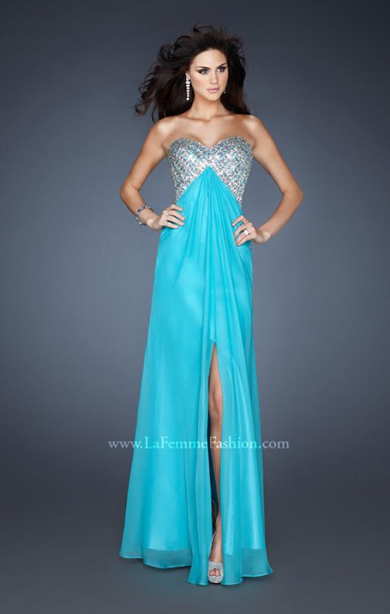 Picture of: Strapless Chiffon Dress with Gem Stone Encrusted Bodice in Blue, Style: 18577, Detail Picture 1