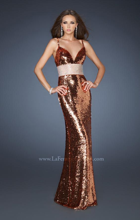 Picture of: Empire Waist All Over Sequined Long Prom Dress in Gold, Style: 18620, Main Picture