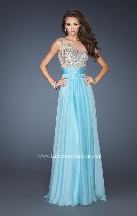 Picture of: Long Prom Gown with Embellished Bodice, Belt, and Mesh in Blue, Style: 18646, Main Picture