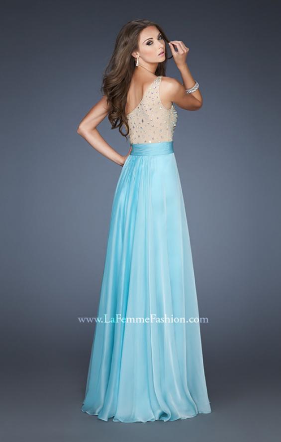 Picture of: Long Prom Gown with Embellished Bodice, Belt, and Mesh in Blue, Style: 18646, Back Picture