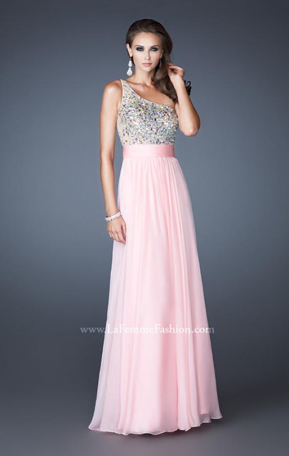 Picture of: Long Prom Gown with Embellished Bodice, Belt, and Mesh in Pink, Style: 18646, Detail Picture 1