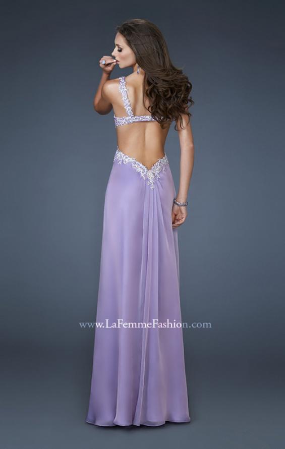 Picture of: Empire Waist Chiffon Gown with Lace and Beaded V Neck in Purple, Style: 18651, Back Picture