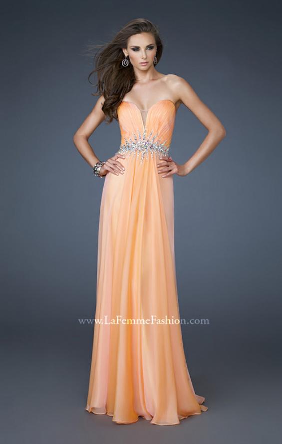Picture of: Strapless Chiffon Dress with Ruching and Rhinestone Belt in Orange, Style: 18657, Detail Picture 1