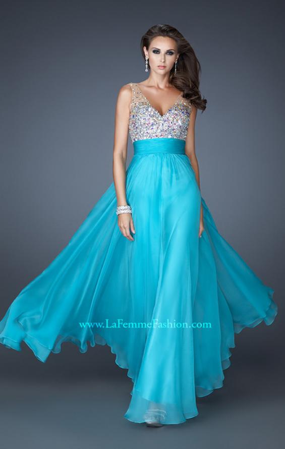 Picture of: A-line Chiffon Dress with Mesh Straps and Low V Back in Blue, Style: 18669, Main Picture