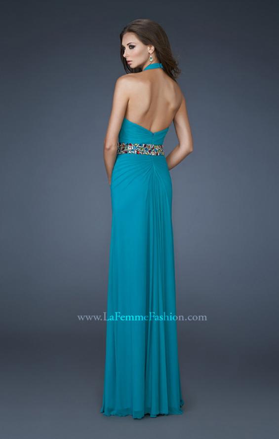 Picture of: V Neck Halter Dress with Ruching and Beaded Belt, Style: 18676, Back Picture