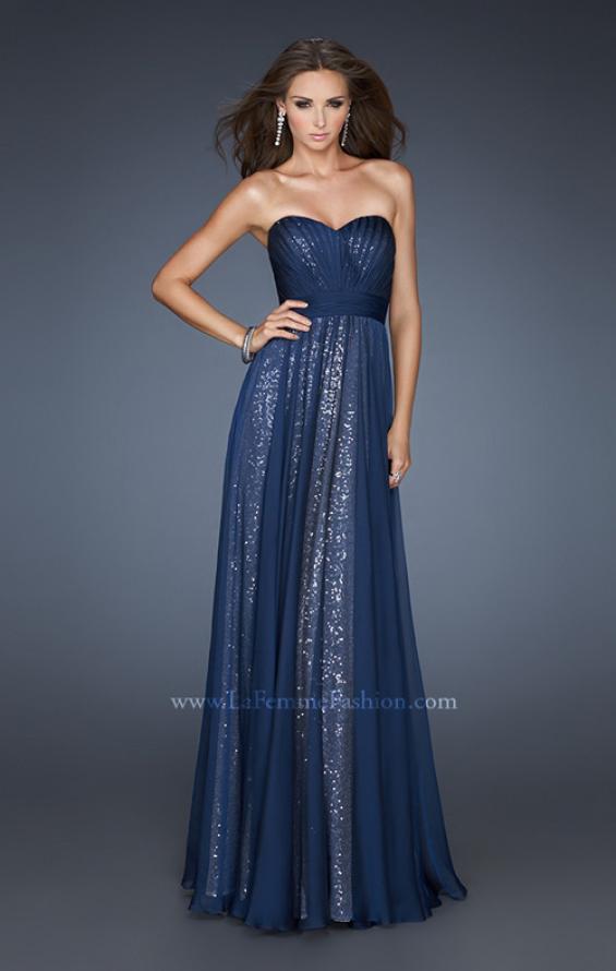 Picture of: Sequined Prom Gown with Chiffon Overlay and Belted Waist in Blue, Style: 18706, Main Picture