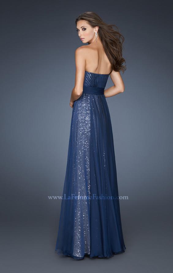 Picture of: Sequined Prom Gown with Chiffon Overlay and Belted Waist in Blue, Style: 18706, Back Picture